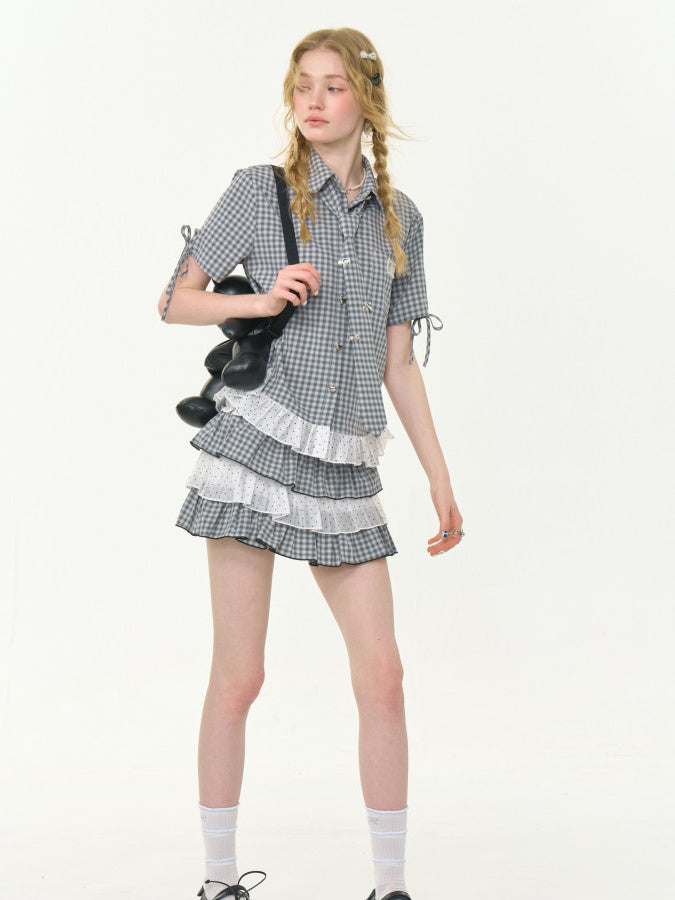 Gingham Polka Dot Ruffle Shirt