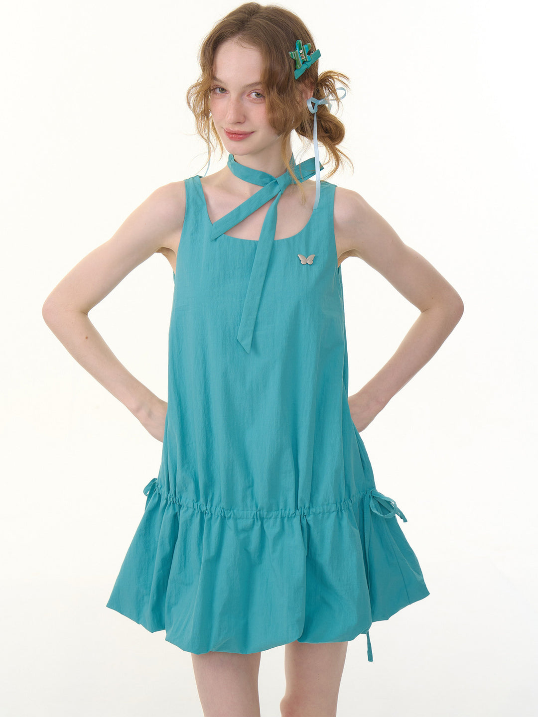 Drawstring Bubble Hem Mini Dress