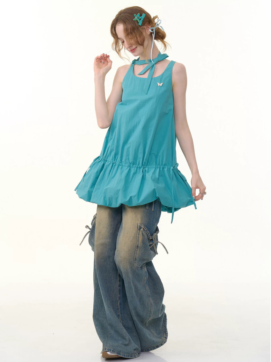 Drawstring Bubble Hem Mini Dress