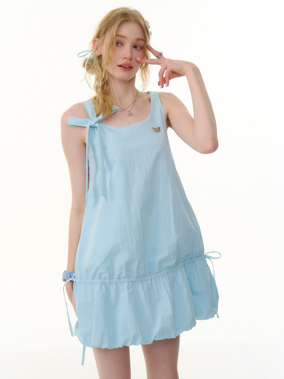 Drawstring Bubble Hem Mini Dress