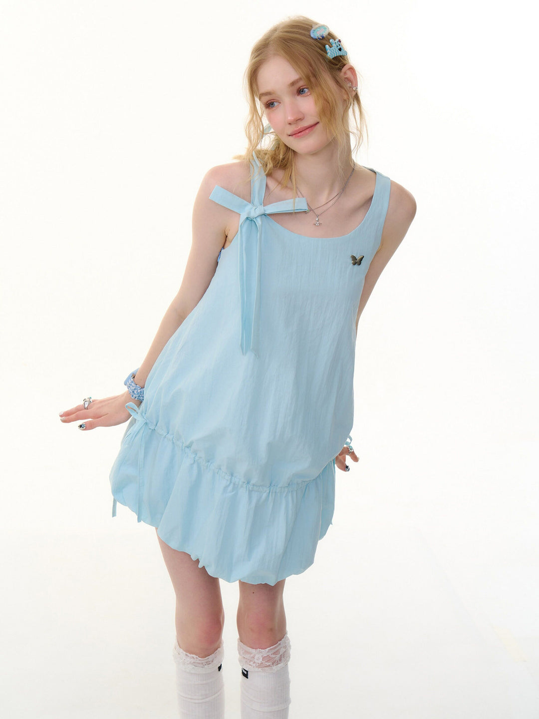 Drawstring Bubble Hem Mini Dress