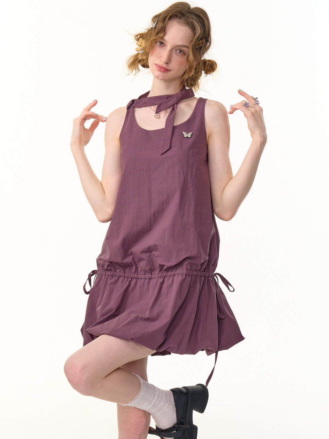Drawstring Bubble Hem Mini Dress
