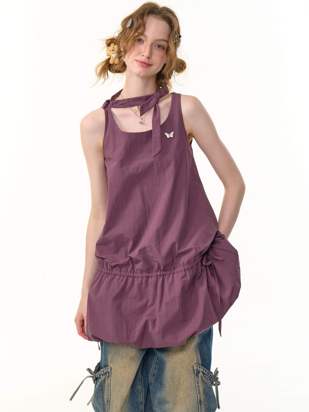 Drawstring Bubble Hem Mini Dress