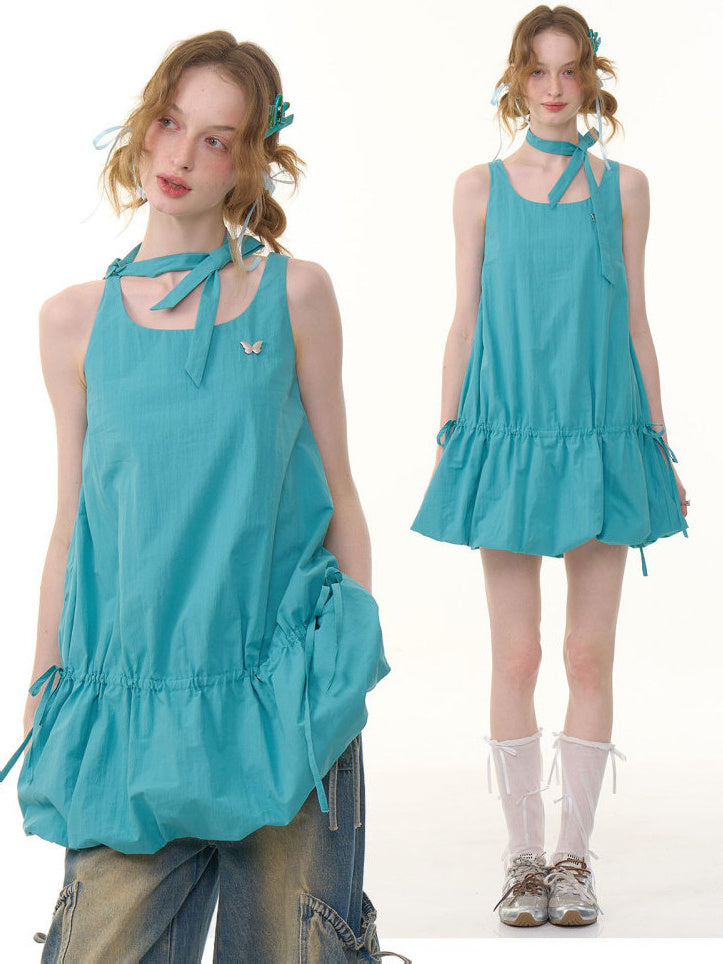 Drawstring Bubble Hem Mini Dress