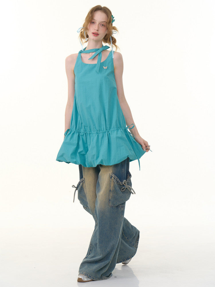 Drawstring Bubble Hem Mini Dress