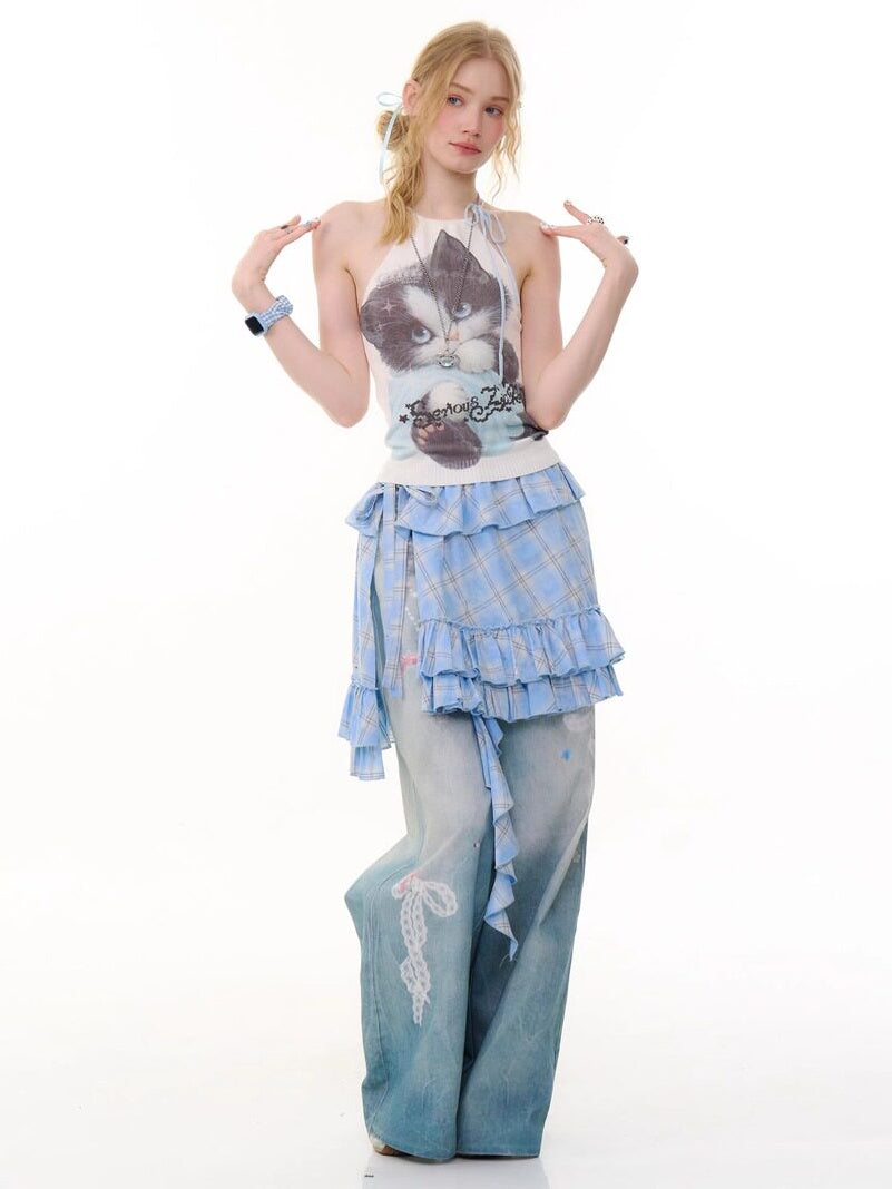 Y2K Cat Graphic Halter Knit Top