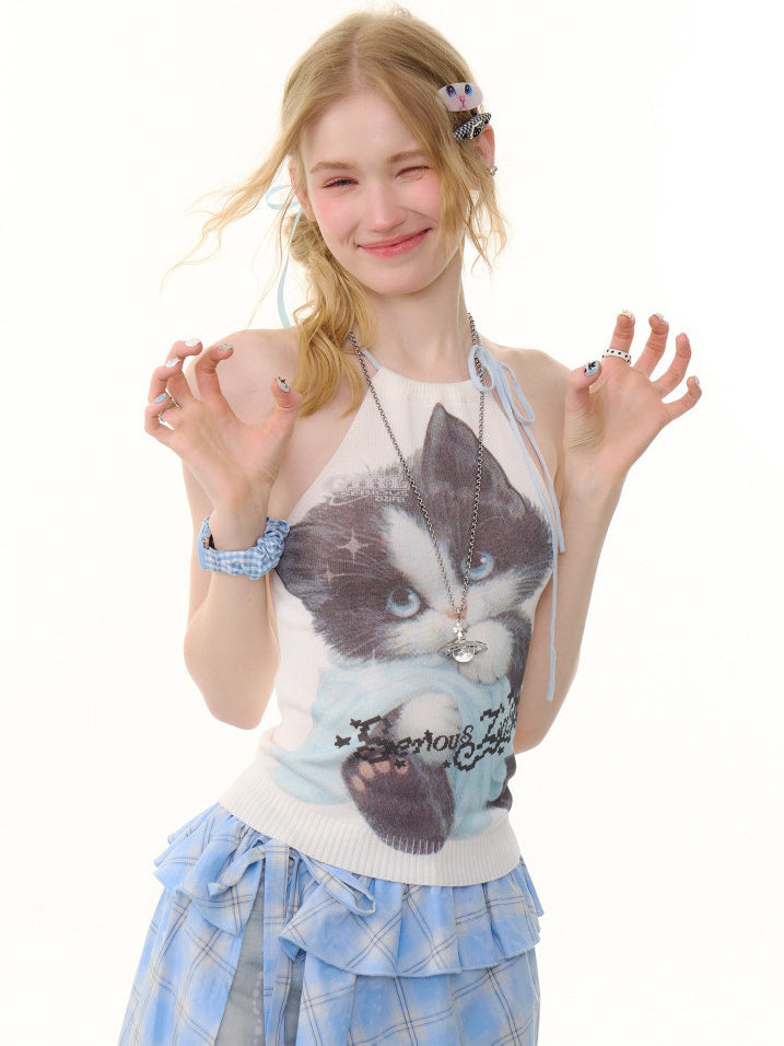 Y2K Cat Graphic Halter Knit Top