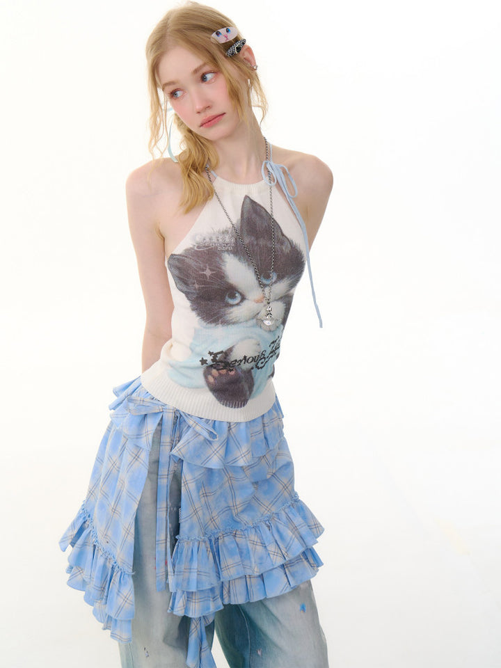 Y2K Cat Graphic Halter Knit Top