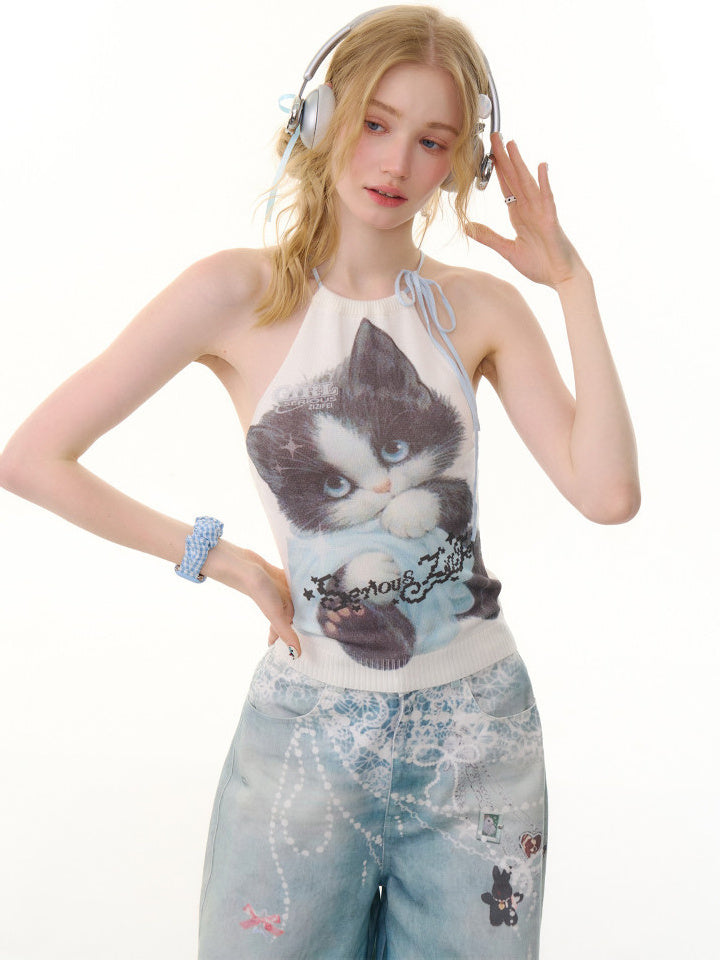 Y2K Cat Graphic Halter Knit Top