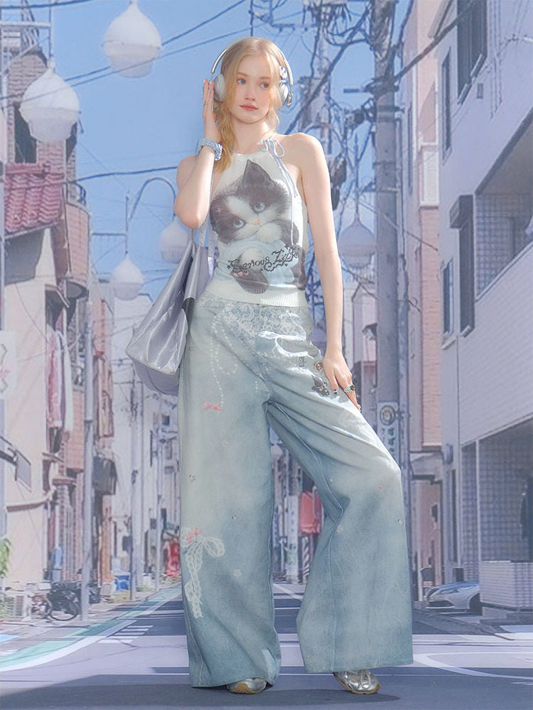 Y2K Cat Graphic Halter Knit Top