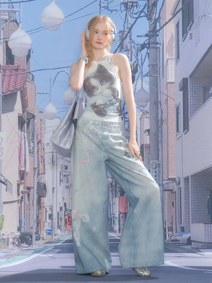Y2K Cat Graphic Halter Knit Top