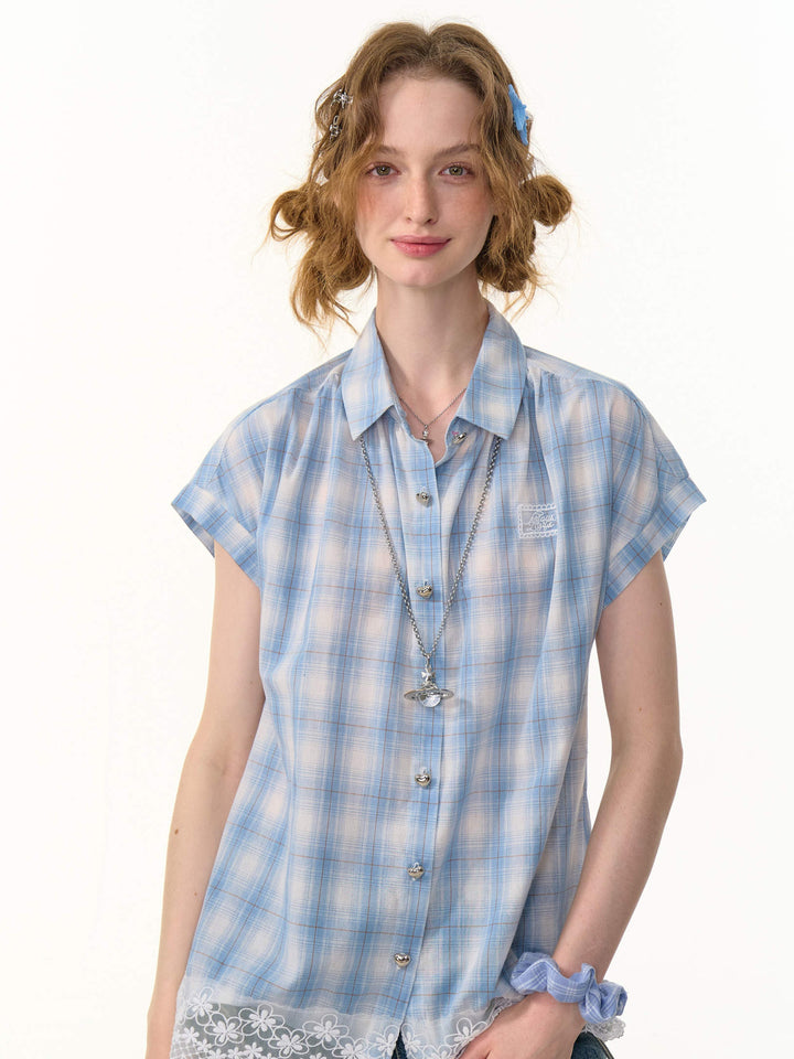 Blue Plaid Floral Lace Shirt