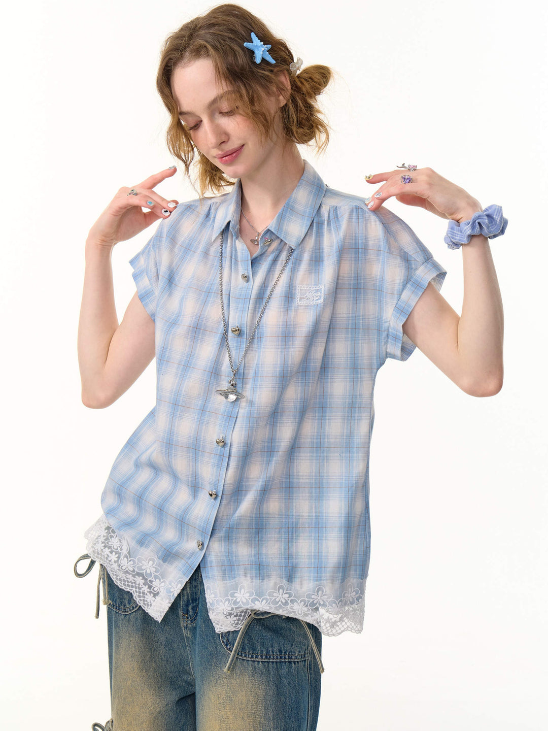 Blue Plaid Floral Lace Shirt