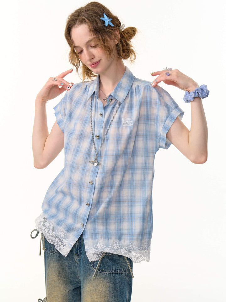 Blue Plaid Floral Lace Shirt