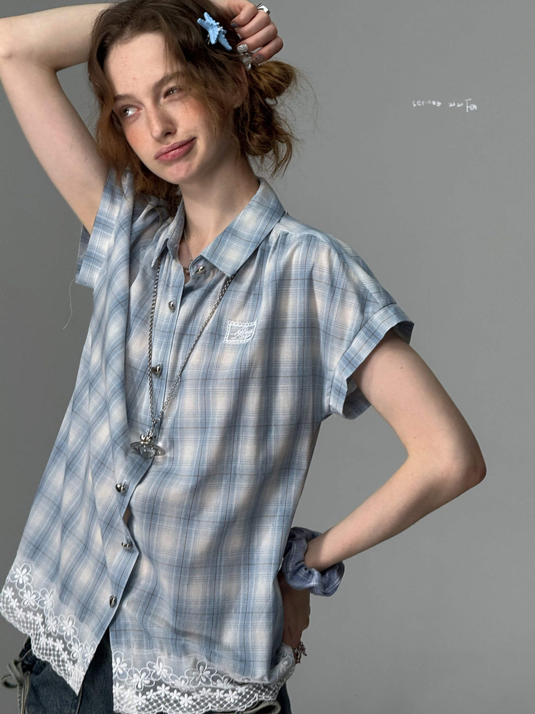 Blue Plaid Floral Lace Shirt