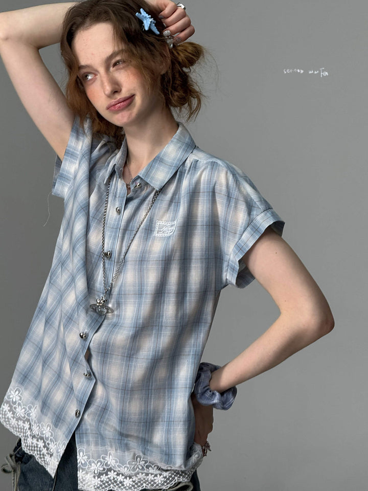 Blue Plaid Floral Lace Shirt