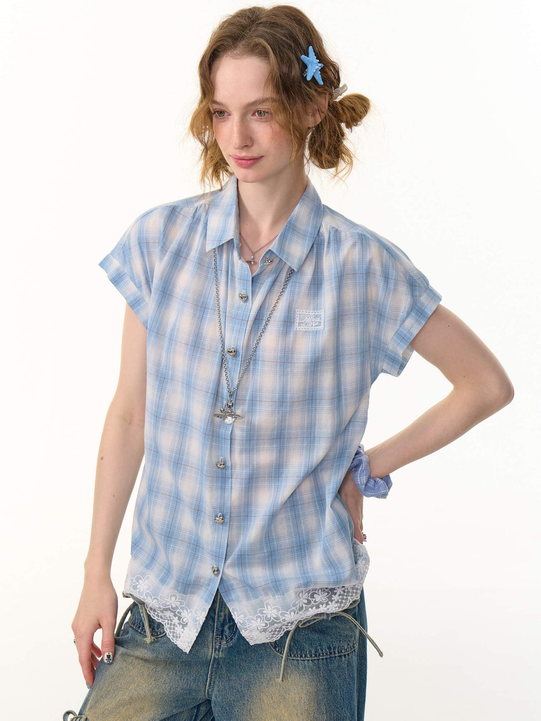 Blue Plaid Floral Lace Shirt