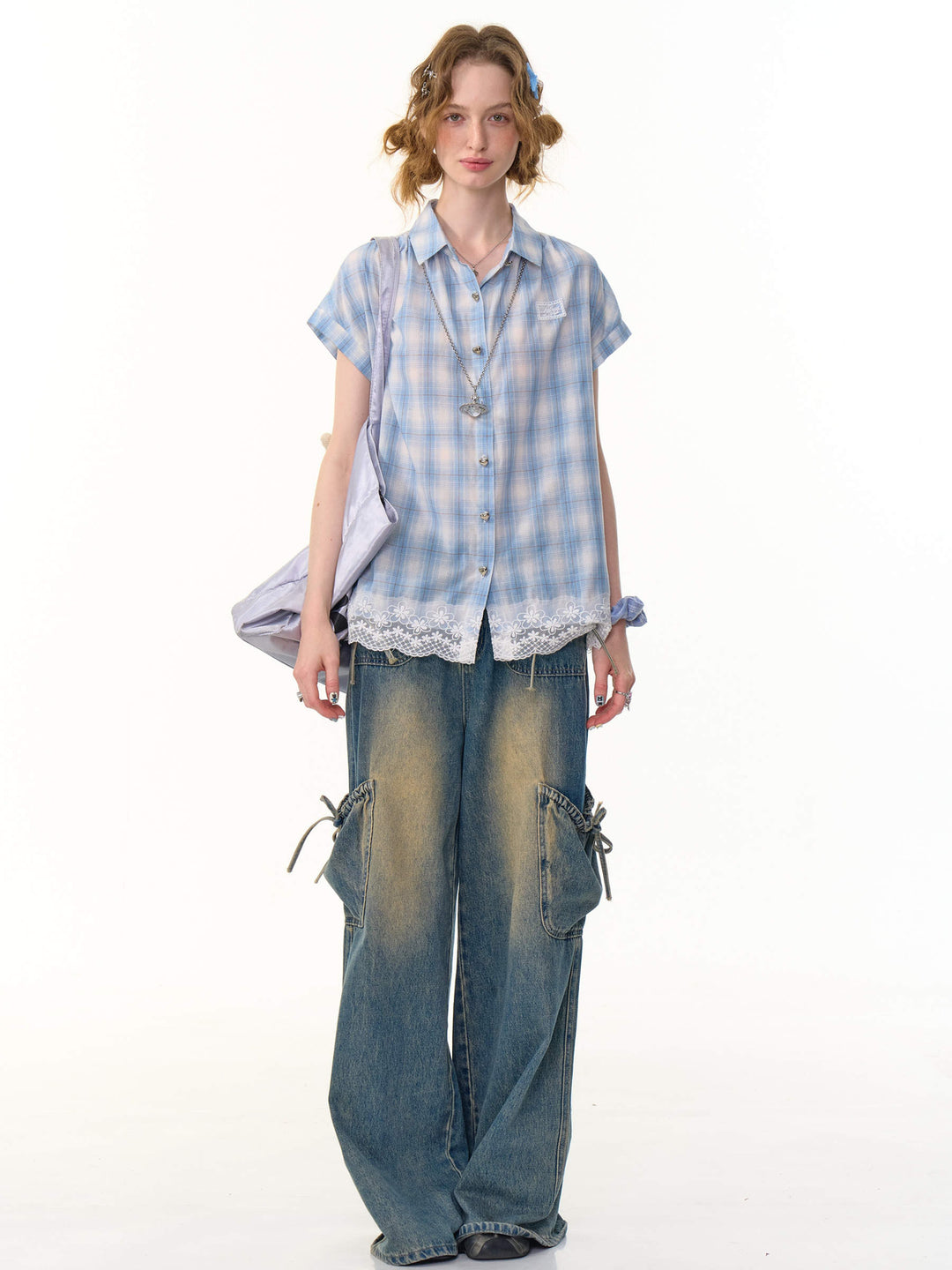 Blue Plaid Floral Lace Shirt