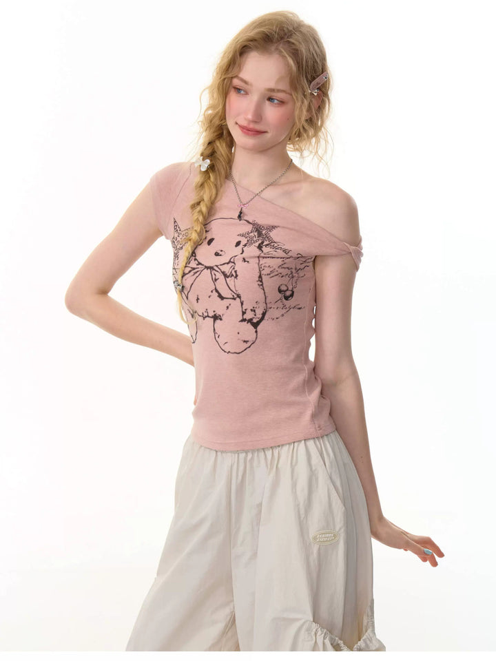 Y2K Bunny Graphic One-Shoulder Tee