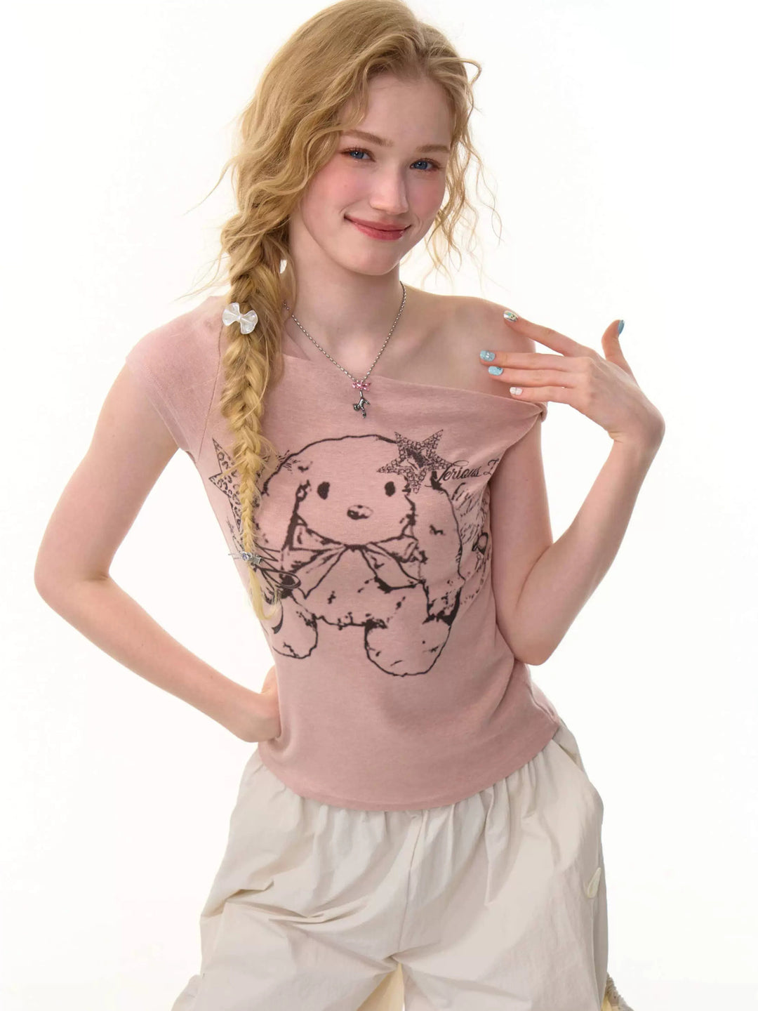 Y2K Bunny Graphic One-Shoulder Tee