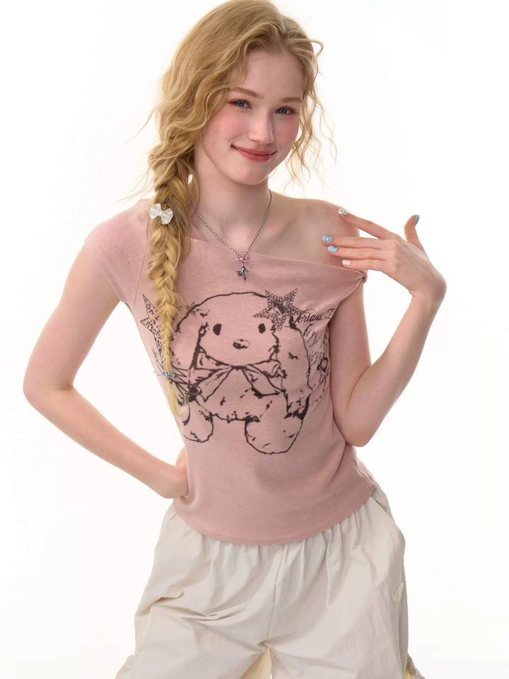 Y2K Bunny Graphic One-Shoulder Tee