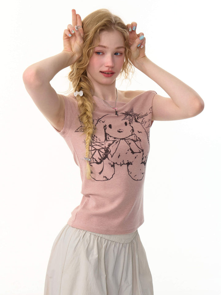Y2K Bunny Graphic One-Shoulder Tee
