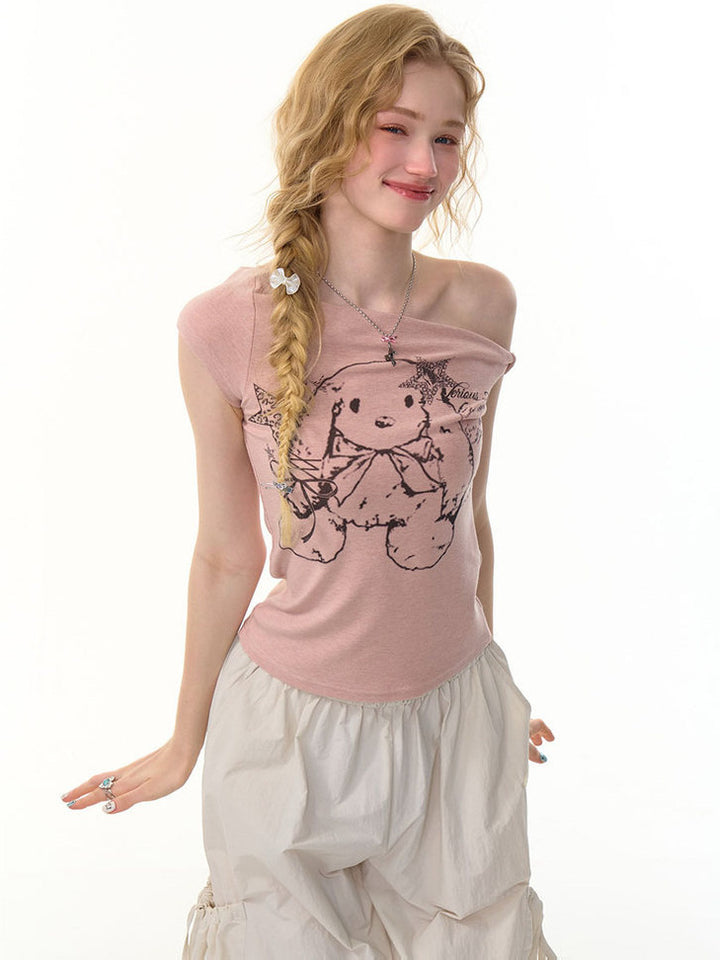 Y2K Bunny Graphic One-Shoulder Tee