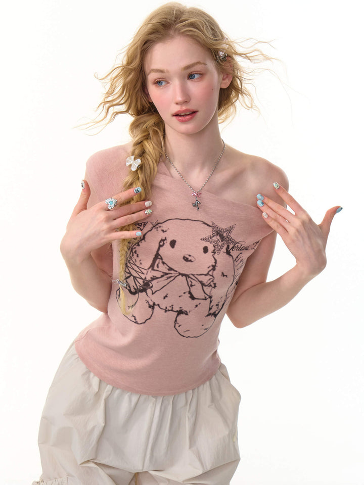 Y2K Bunny Graphic One-Shoulder Tee