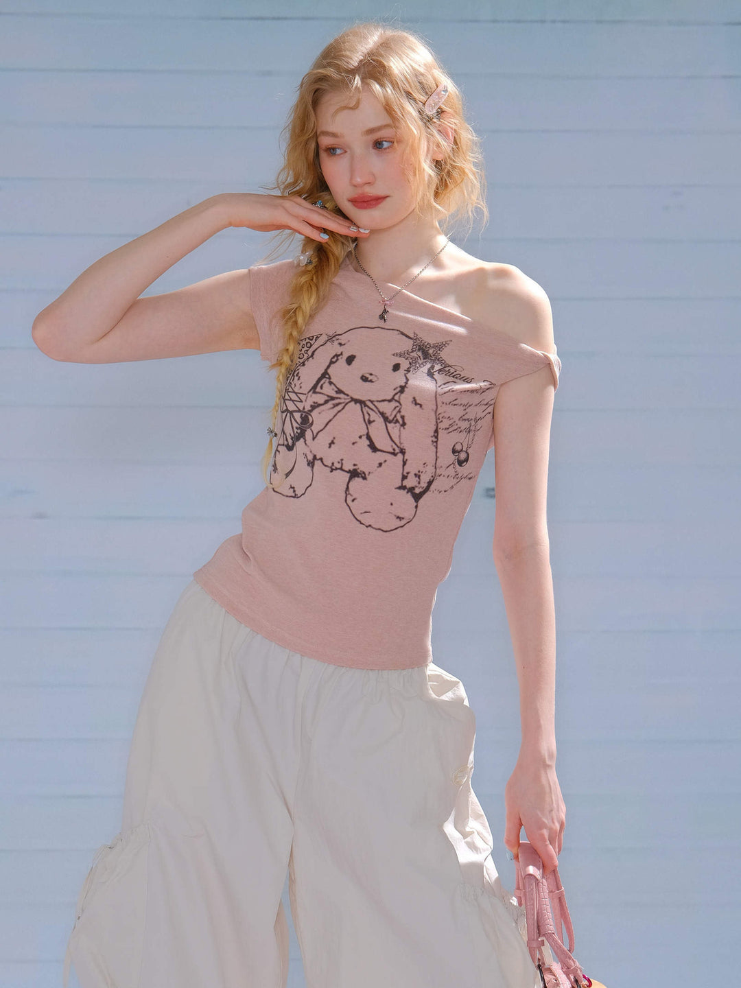 Y2K Bunny Graphic One-Shoulder Tee