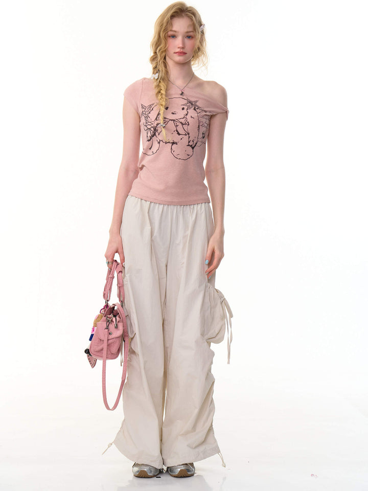Y2K Bunny Graphic One-Shoulder Tee