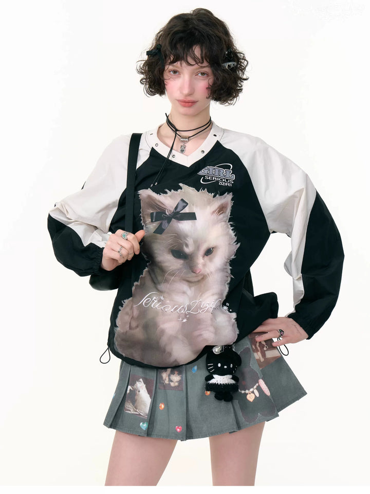 Blokette Cat Graphic V-Neck Sweatshirt
