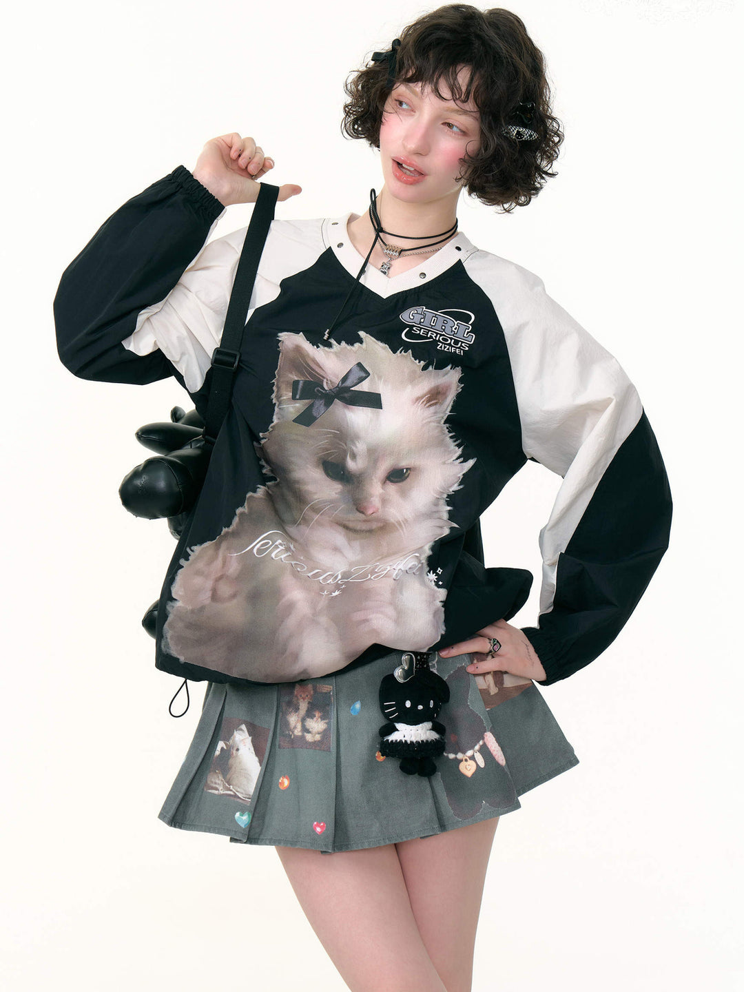 Blokette Cat Graphic V-Neck Sweatshirt
