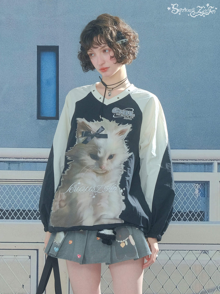 Blokette Cat Graphic V-Neck Sweatshirt