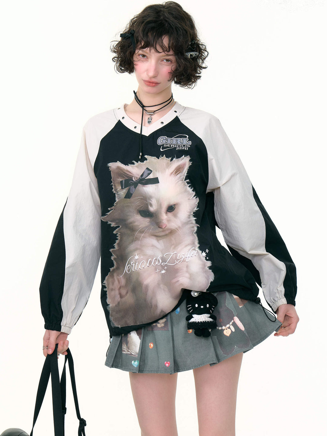 Blokette Cat Graphic V-Neck Sweatshirt