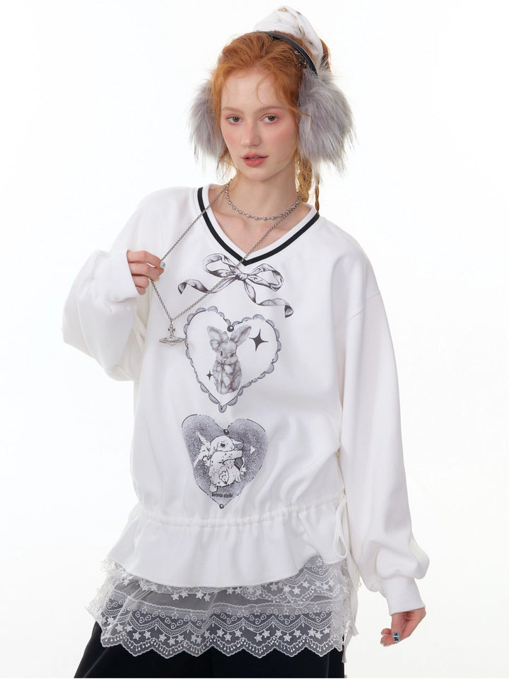 Rabbit Graphic Drawstring Sweatshirt