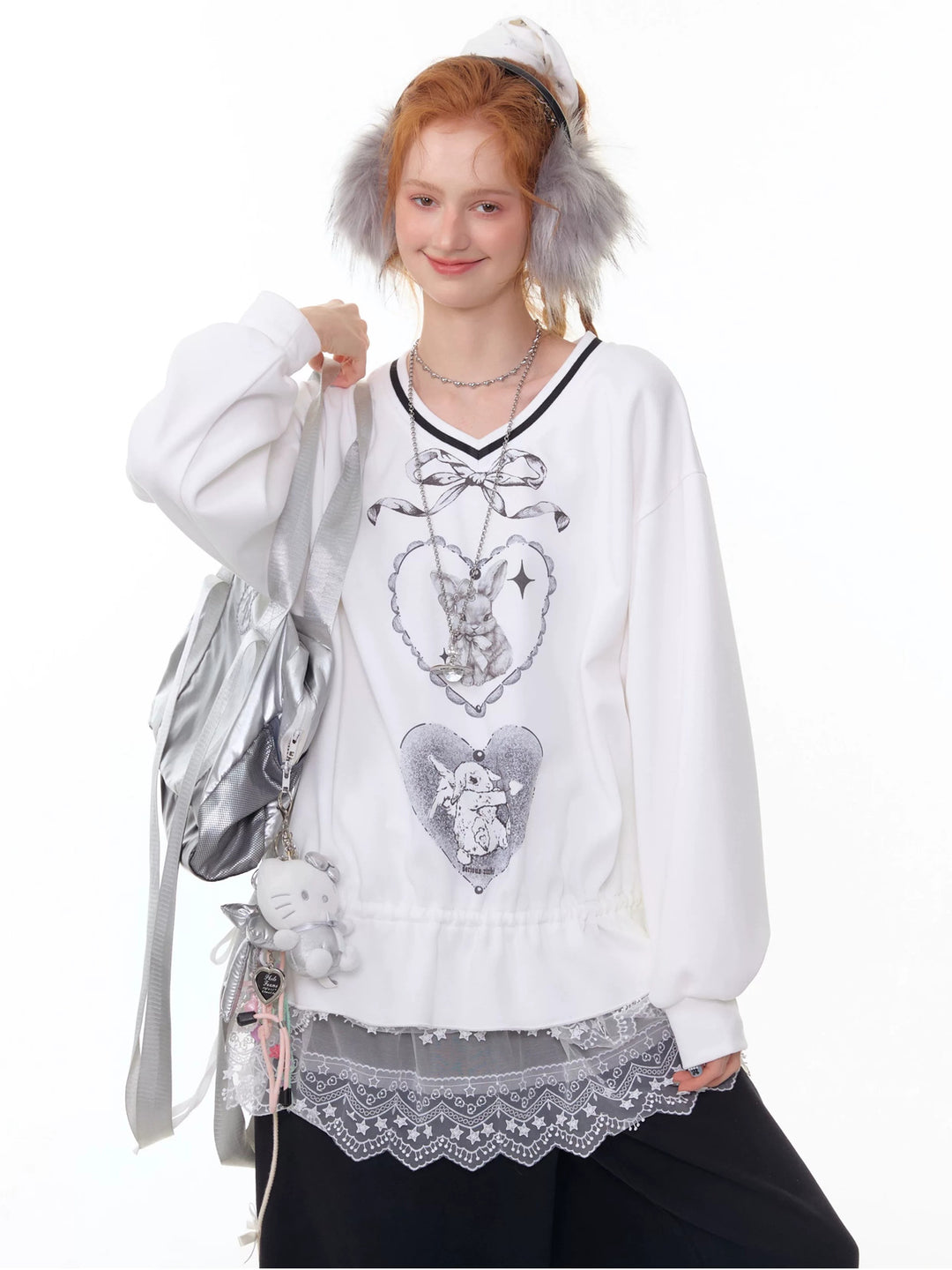 Rabbit Graphic Drawstring Sweatshirt