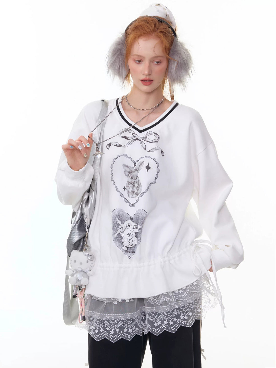 Rabbit Graphic Drawstring Sweatshirt