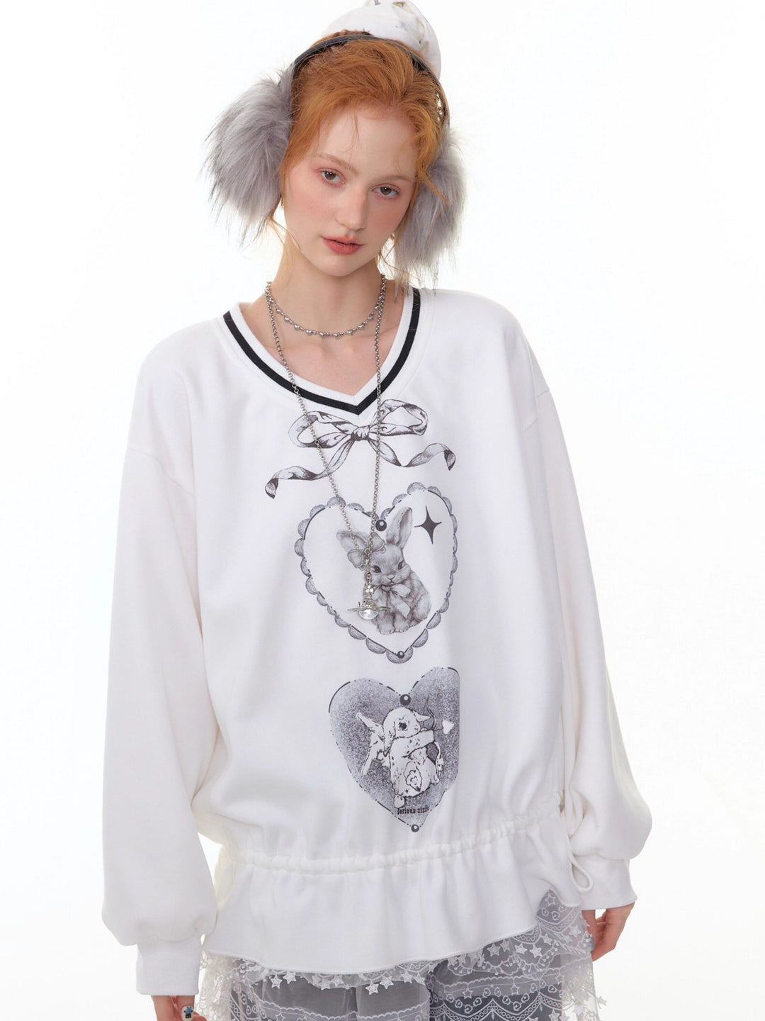 Rabbit Graphic Drawstring Sweatshirt