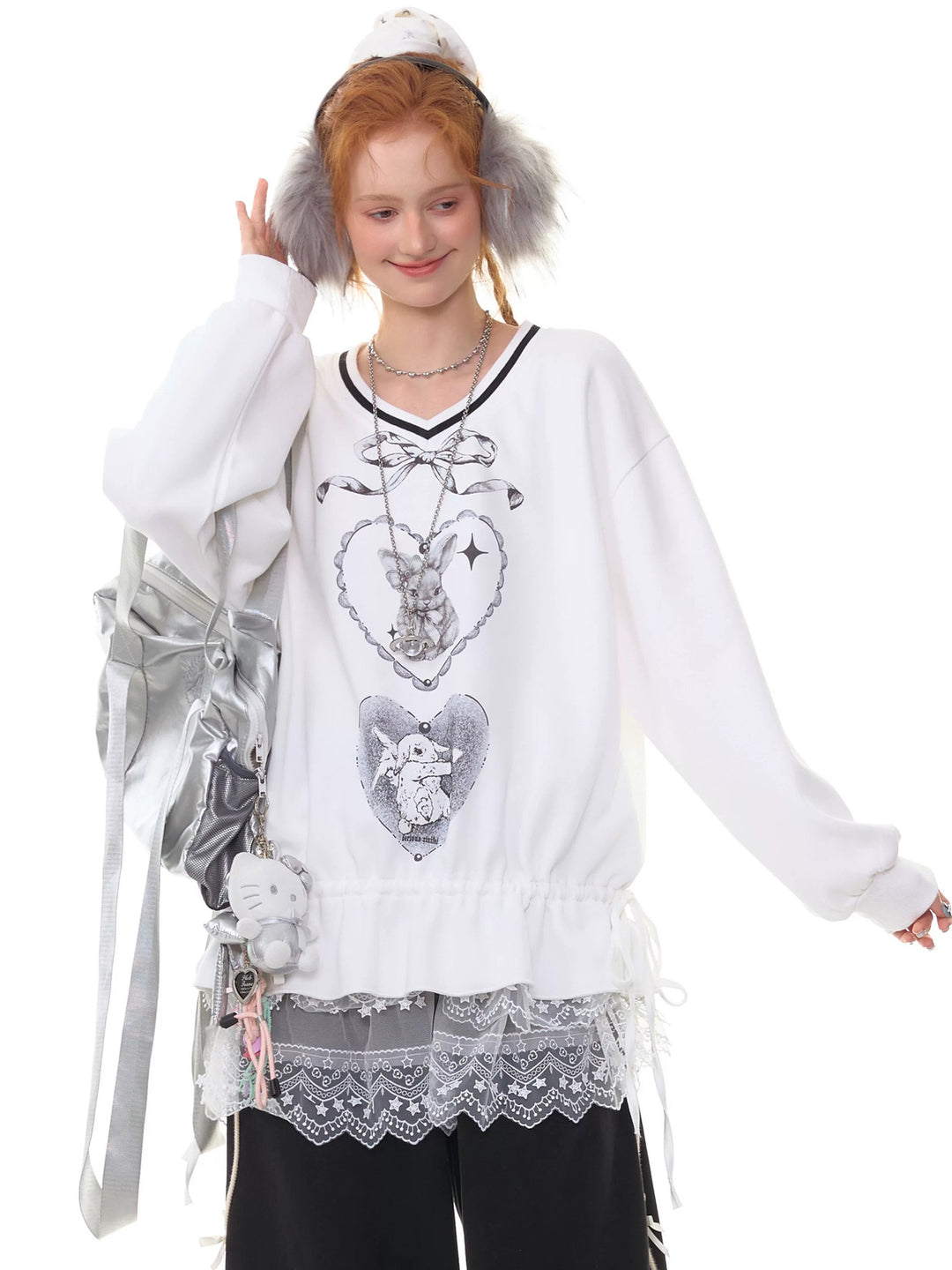 Rabbit Graphic Drawstring Sweatshirt