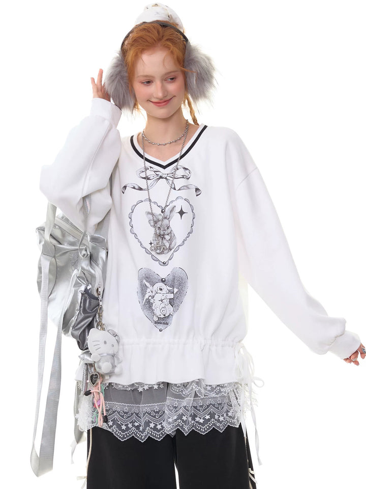 Rabbit Graphic Drawstring Sweatshirt