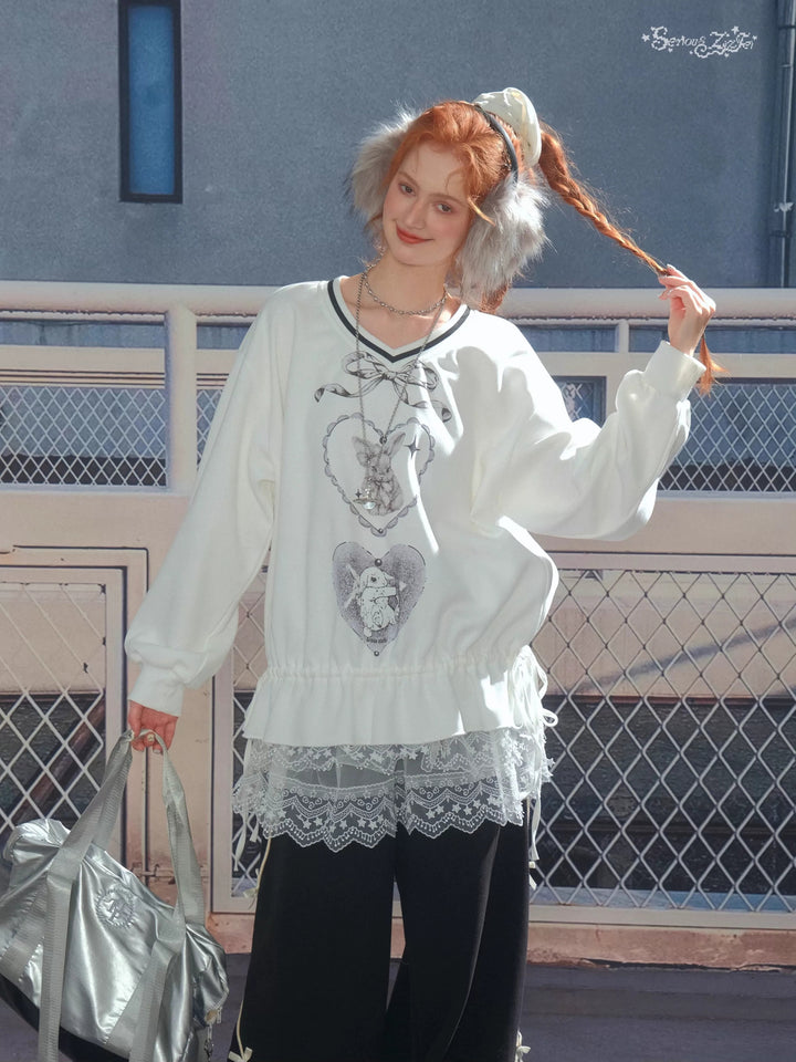 Rabbit Graphic Drawstring Sweatshirt
