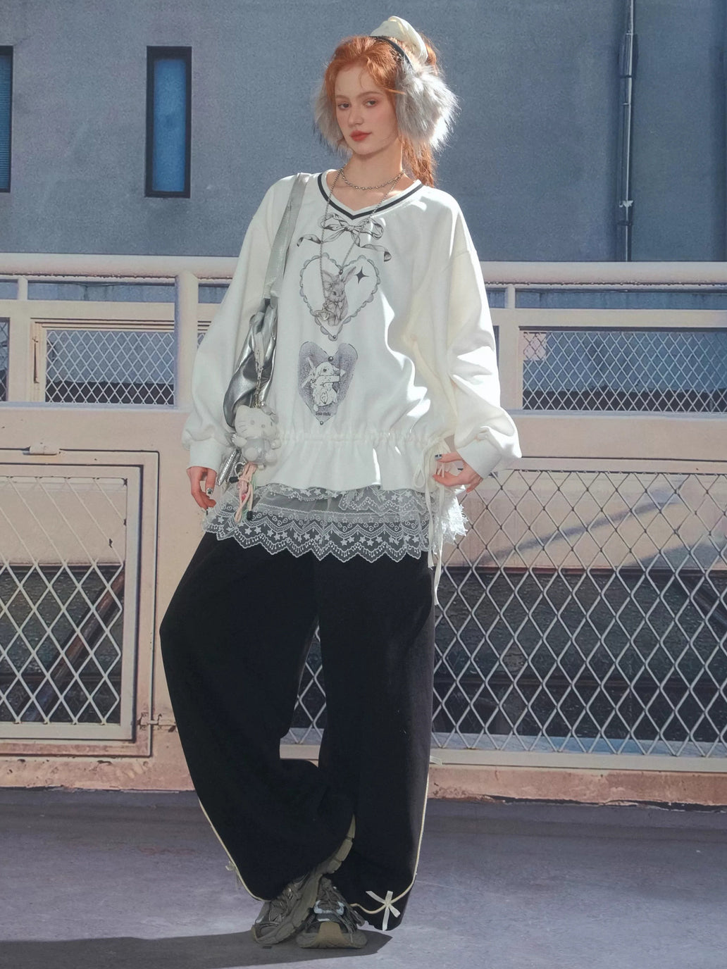 Rabbit Graphic Drawstring Sweatshirt