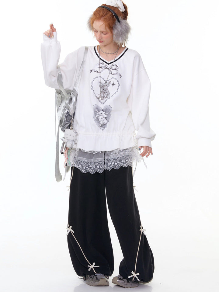 Rabbit Graphic Drawstring Sweatshirt