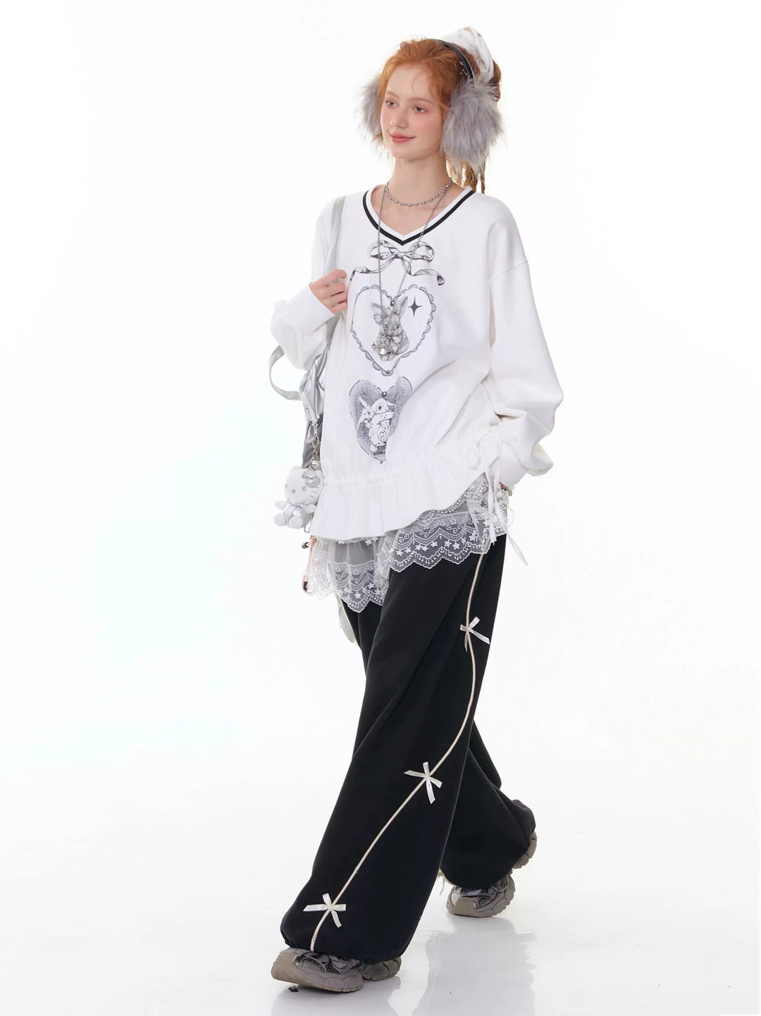 Rabbit Graphic Drawstring Sweatshirt