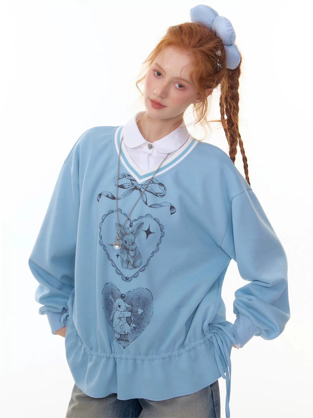 Rabbit Graphic Drawstring Sweatshirt