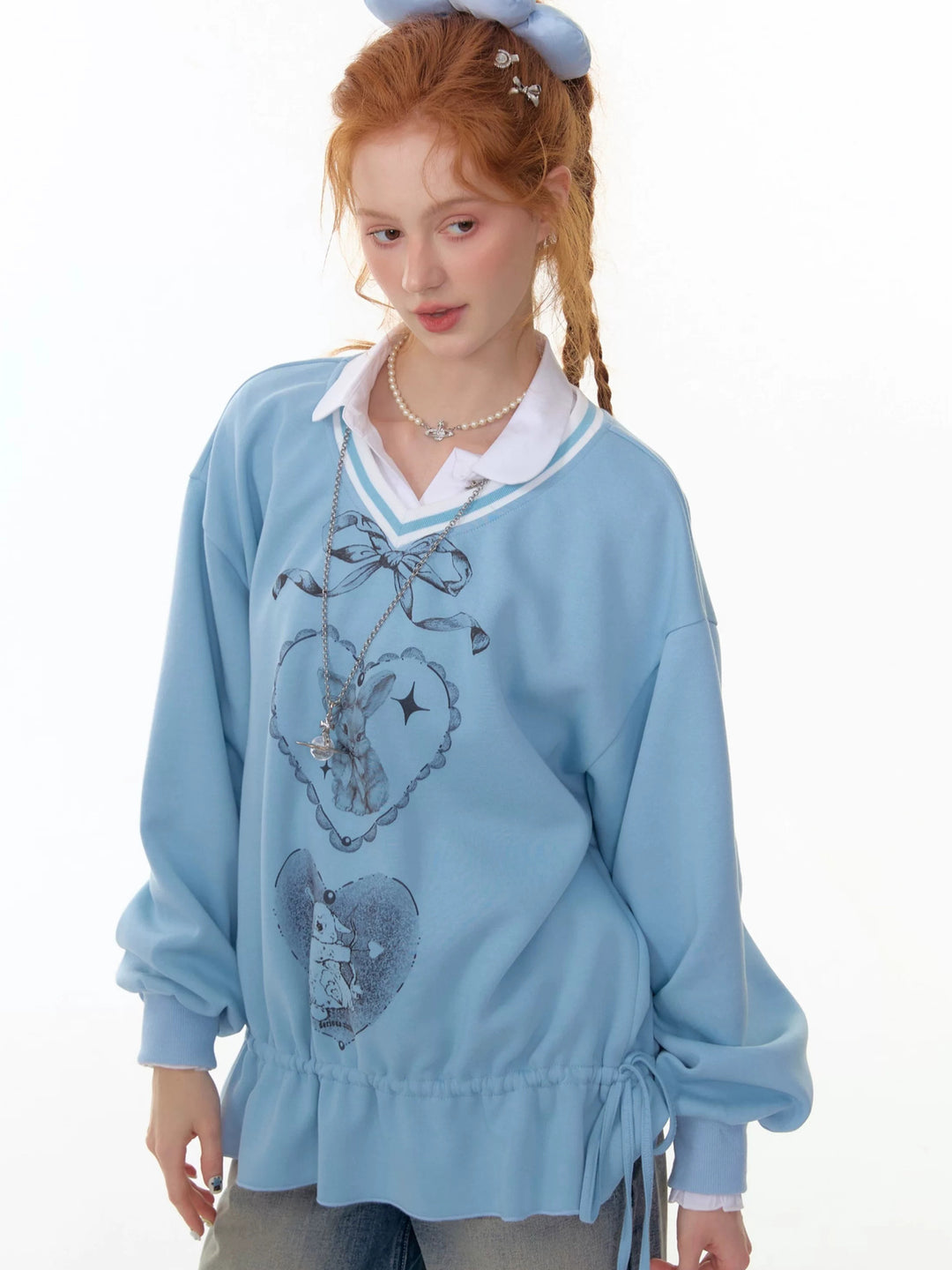 Rabbit Graphic Drawstring Sweatshirt