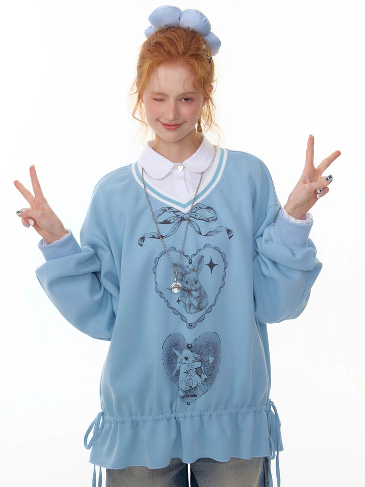 Rabbit Graphic Drawstring Sweatshirt