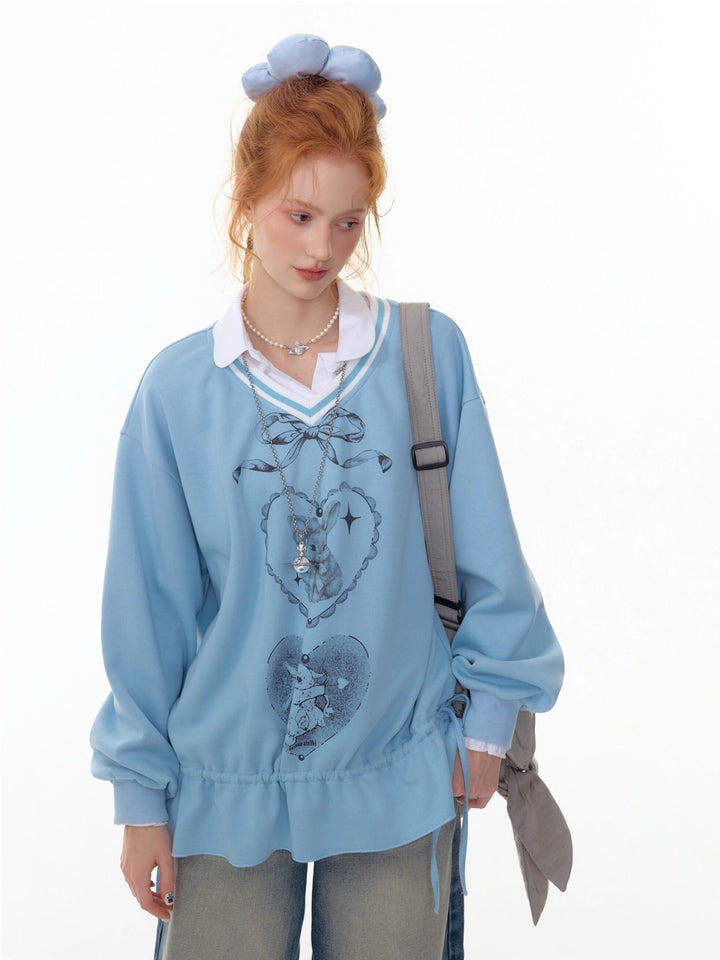 Rabbit Graphic Drawstring Sweatshirt
