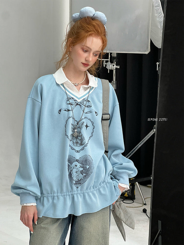 Rabbit Graphic Drawstring Sweatshirt