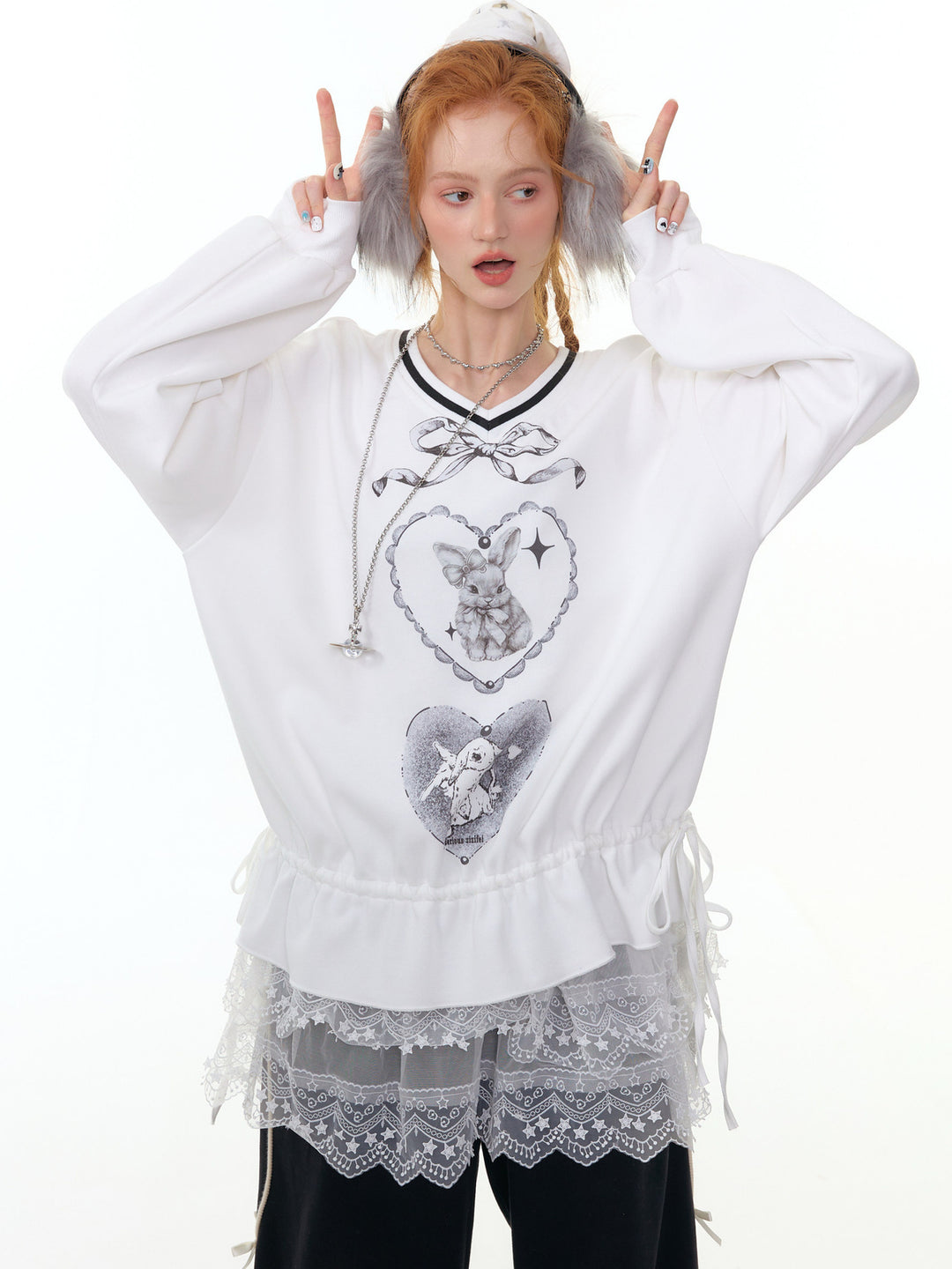 Rabbit Graphic Drawstring Sweatshirt